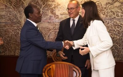 Hon. William Kabogo Gitau and Italy’s Minister Anna Maria Bernini shake hands following high-level talks on strengthening cooperation in science, research, and digital innovation.