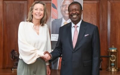 Prime Cabinet Secretary Musalia Mudavadi and EU Special Representative for Human Rights Kajsa Ollongren shake hands after high-level talks in Nairobi.