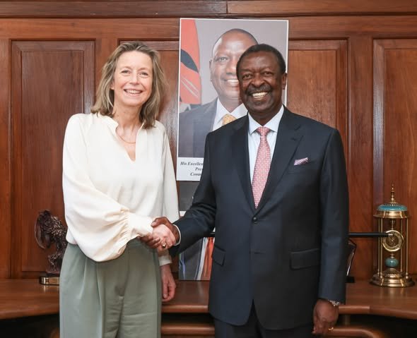 Prime Cabinet Secretary Musalia Mudavadi and EU Special Representative for Human Rights Kajsa Ollongren shake hands after high-level talks in Nairobi.