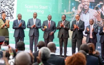 President William Ruto ringing the bell at the Nairobi Securities Exchange.
