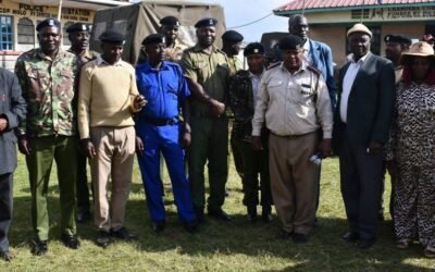 Molo Area Commander Geoffrey Chetivia and Elburgon Area Commander Maurine Ondigo speak during a launch event with residents of Turi Ward in Molo Sub-County, Nakuru County.