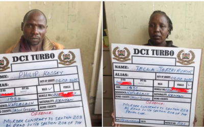 Phillip Kosgei and Tecla Chepchirchir pose holding a name board following their arrest by Directorate of Criminal Investigations (DCI) officers in Turbo.