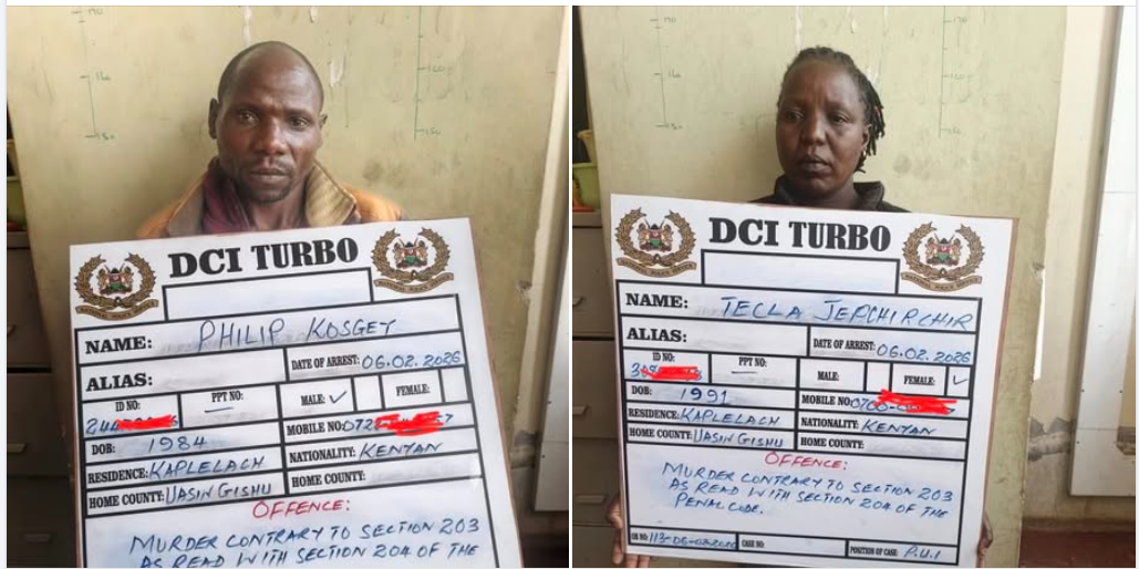 Phillip Kosgei and Tecla Chepchirchir pose holding a name board following their arrest by Directorate of Criminal Investigations (DCI) officers in Turbo.