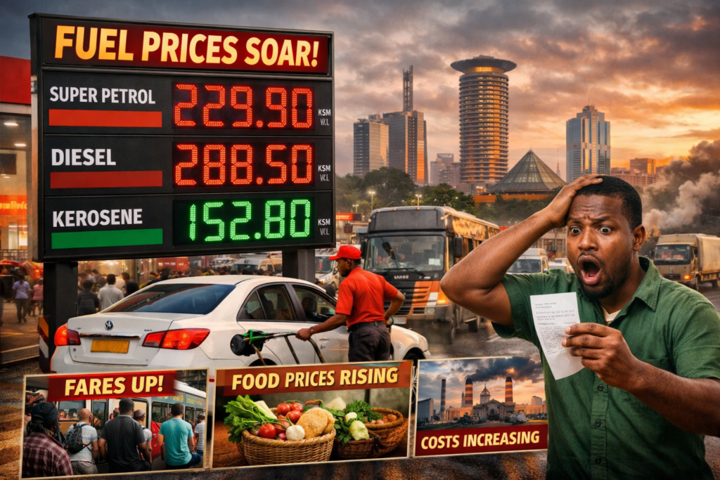 Motorist shocked at soaring fuel prices in Nairobi as attendants refuel cars at a busy petrol station, with the city skyline and price board showing sharp increases in petrol and diesel.