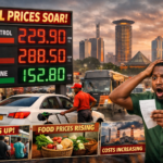 Motorist shocked at soaring fuel prices in Nairobi as attendants refuel cars at a busy petrol station, with the city skyline and price board showing sharp increases in petrol and diesel.