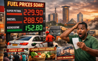 Motorist shocked at soaring fuel prices in Nairobi as attendants refuel cars at a busy petrol station, with the city skyline and price board showing sharp increases in petrol and diesel.