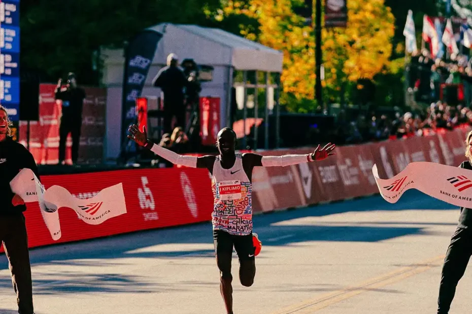 Jacob Kiplimo crossing the finish line to defend his title at the 2026 Chicago Marathon