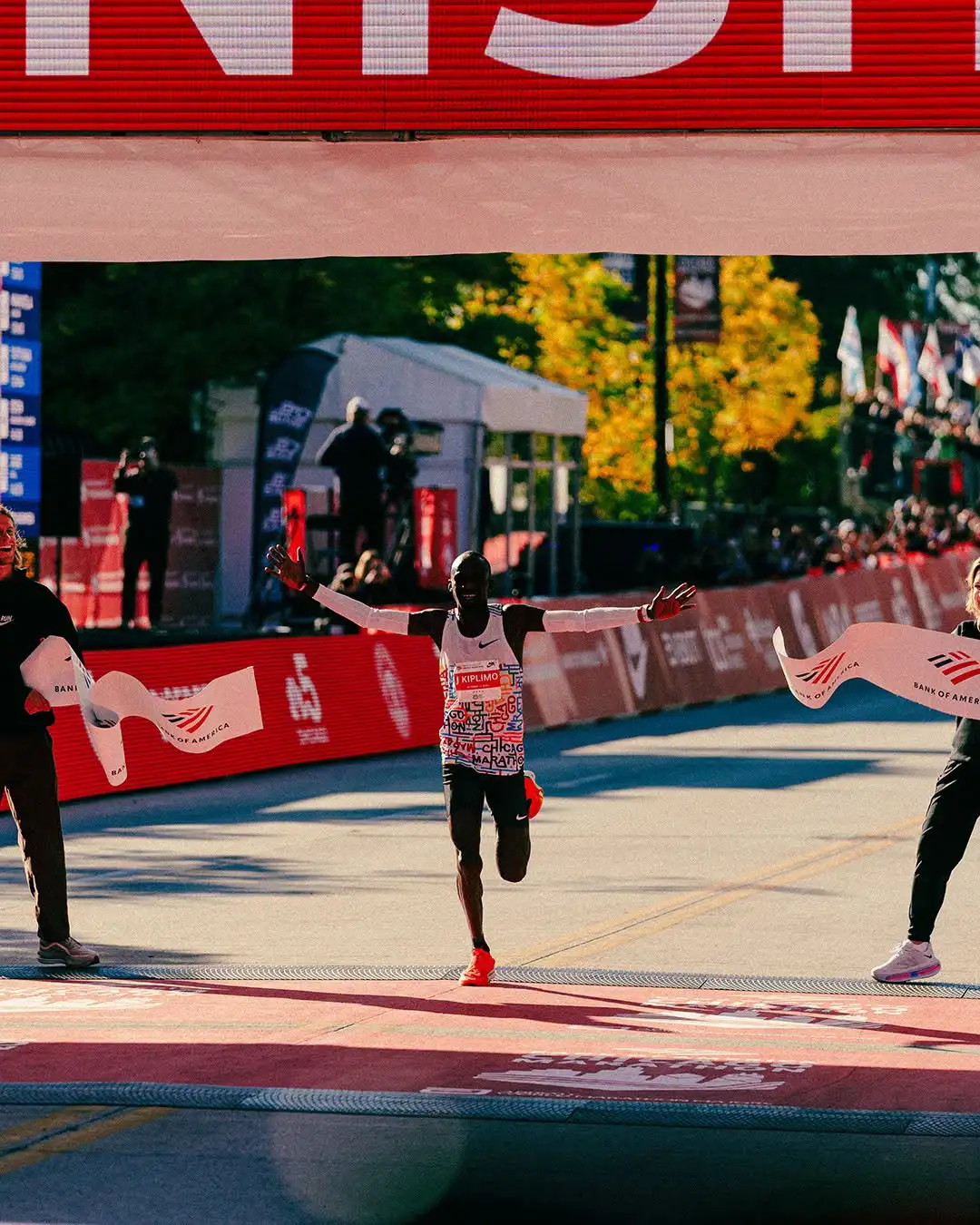 Jacob Kiplimo crossing the finish line to defend his title at the 2026 Chicago Marathon