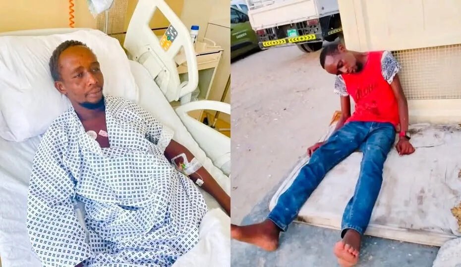 Kenyan man stranded in Dubai lying in hospital bed and sitting outdoors on a mattress in Jebel Ali.