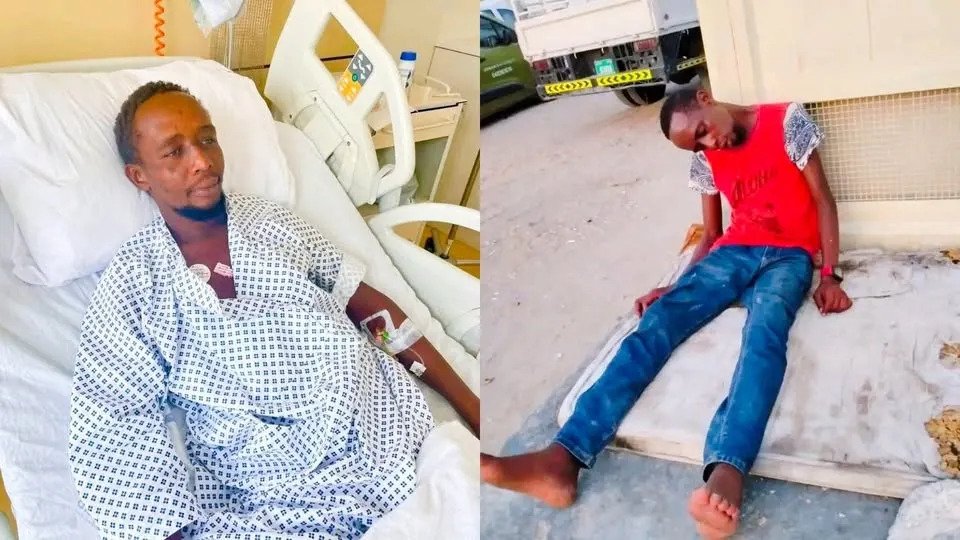 Kenyan man stranded in Dubai lying in hospital bed and sitting outdoors on a mattress in Jebel Ali.