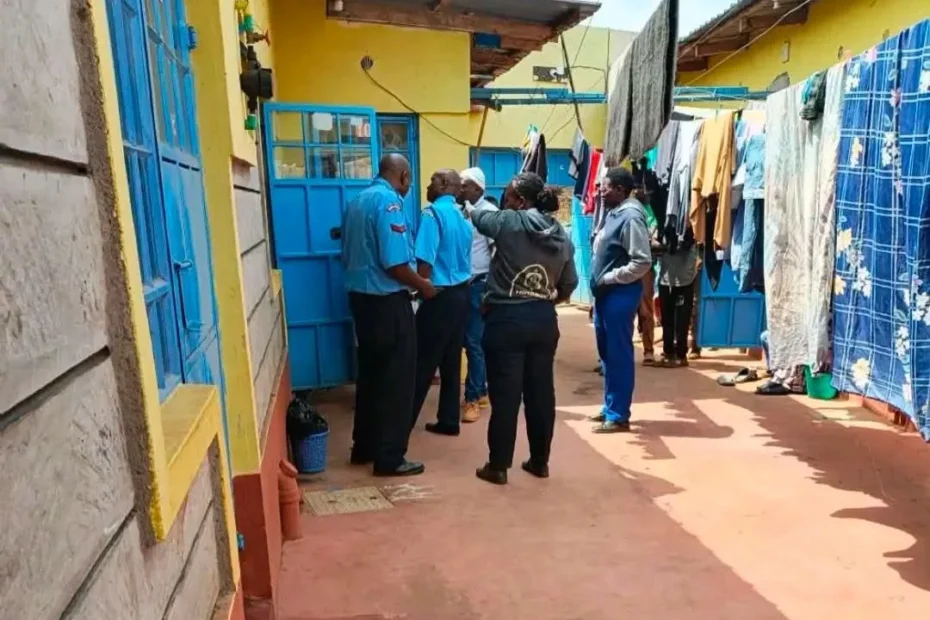 Kenyan police and detectives outside a blue door in a Gacagi, Thika residential area where a Thika medical student was found dead.
