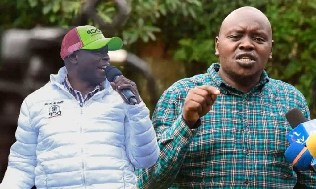 Split-screen image showing former Kenyan Deputy President Rigathi Gachagua speaking into a microphone on the left, and Nandi Senator Samson Cherargei addressing the media on the right.