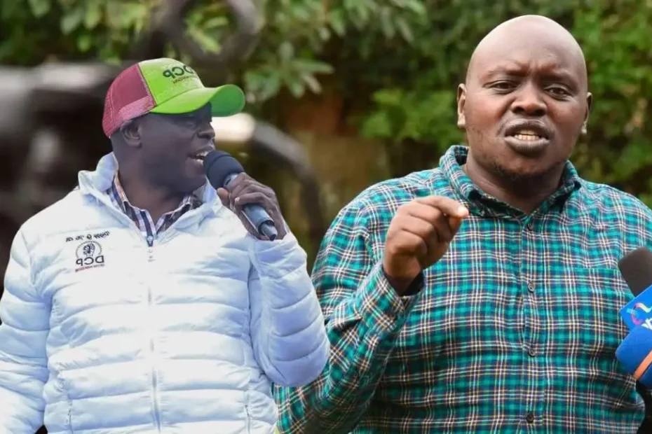 Split-screen image showing former Kenyan Deputy President Rigathi Gachagua speaking into a microphone on the left, and Nandi Senator Samson Cherargei addressing the media on the right.
