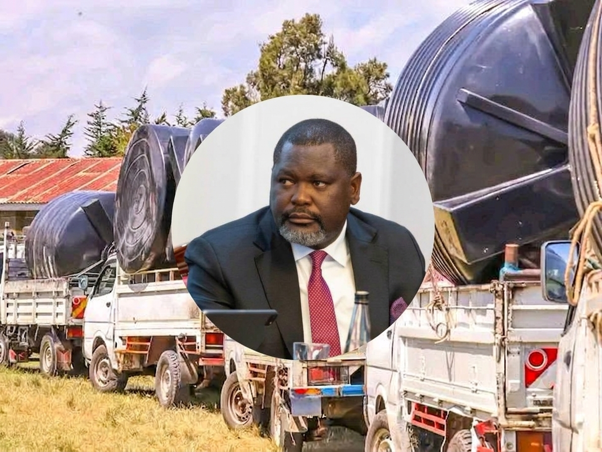 A portrait of Kenyan Cabinet Secretary for Public Service, Geoffrey Ruku, overlaid in a circle against a background of trucks loaded with large black water tanks.