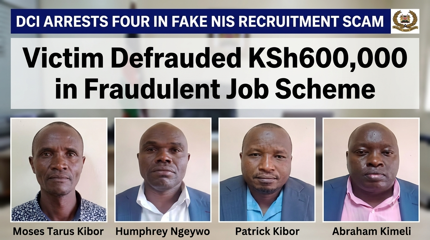 An investigative news graphic showing mugshots of four suspects arrested by Kenya's DCI for a fake NIS recruitment scam where a victim lost KSh600,000. From left to right, the labeled suspects are Moses Tarus Kibor, Humphrey Ngeywo, Patrick Kibor, and Abraham Kimeli.