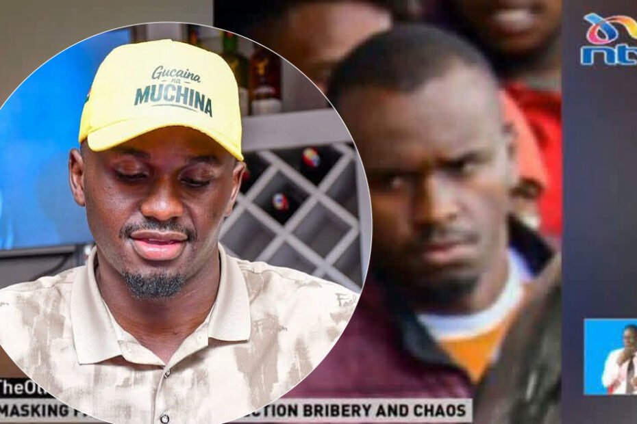 Blogger Gerald Masai wearing a yellow Muchina cap overlaid against NTV investigative news coverage of the Ol Kalou by-election chaos.