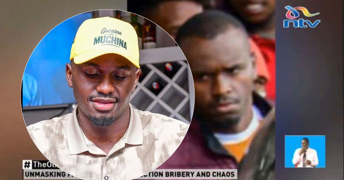 Blogger Gerald Masai wearing a yellow Muchina cap overlaid against NTV investigative news coverage of the Ol Kalou by-election chaos.