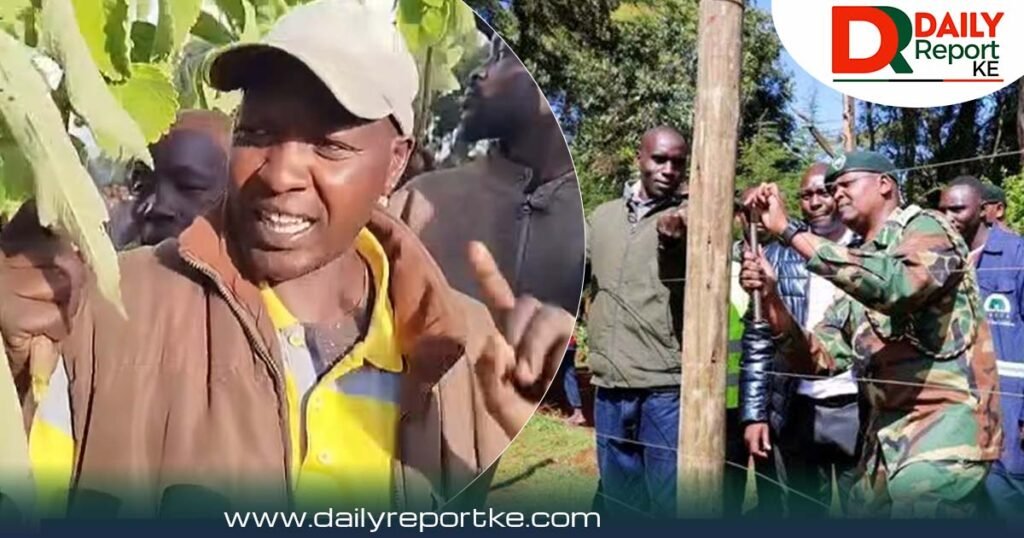 A local resident speaking during a community protest . Othr side is Kenya Forest Service officers installing the Kaptagat Forest fencing project in Elgeyo Marakwet.