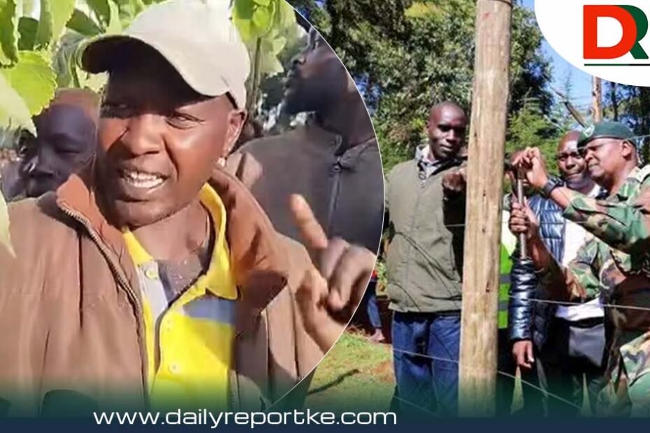 A local resident speaking during a community protest . Othr side is Kenya Forest Service officers installing the Kaptagat Forest fencing project in Elgeyo Marakwet.