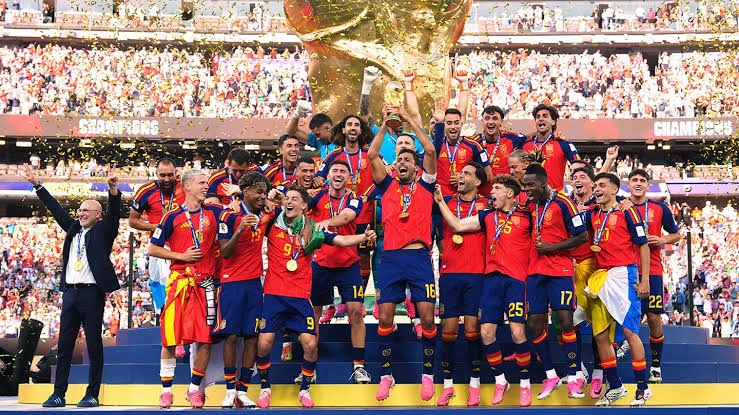 Spain World Cup champions lift the trophy during the post-match celebration in 2026.