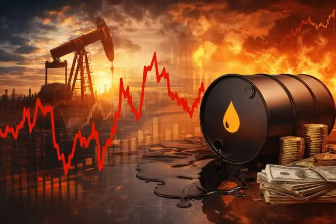 An oil barrel featuring a drop icon beside stacks of US dollar bills and gold coins, set against a dark background with a spilled pool of oil, a fluctuating red stock chart line, an oil pump jack, and flames.