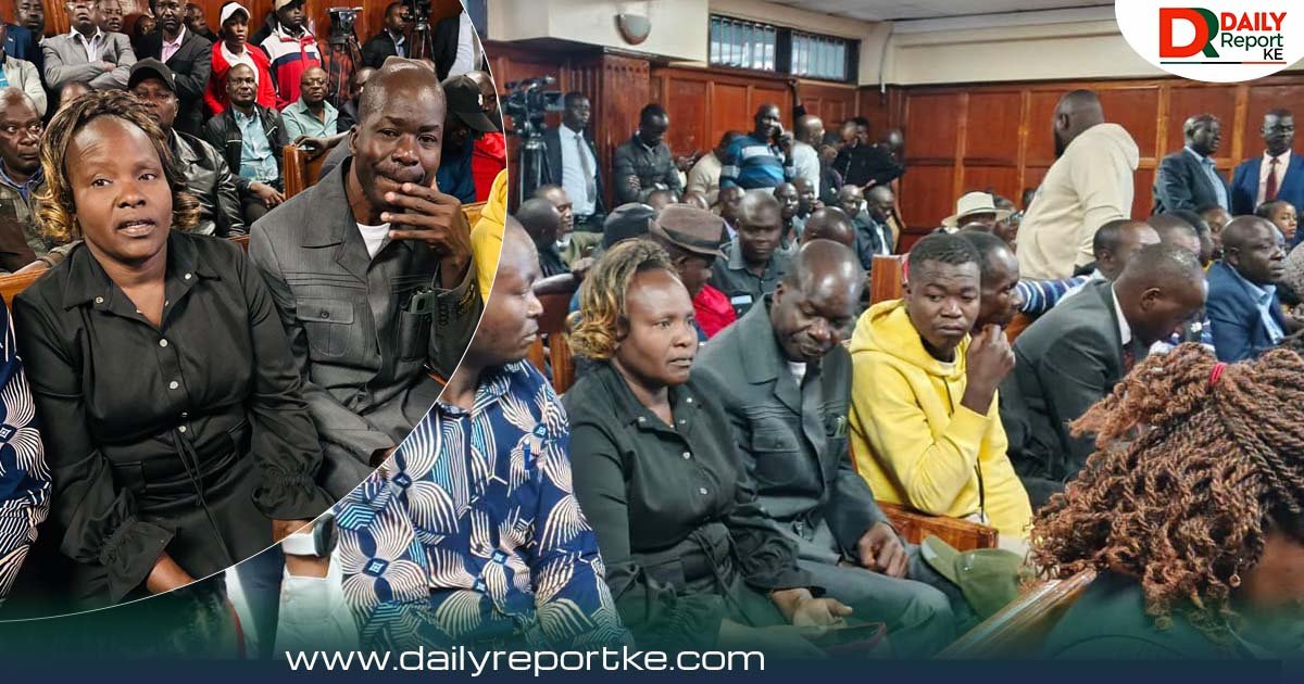 Here is the optimized image metadata tailored for your article, incorporating the primary focus keyword (Sharon Otieno murder verdict) across all fields: Title sharon-otieno-murder-verdict-milimani-law-courts Alt Text Sharon Otieno murder verdict hearing inside the Milimani Law Courts courtroom, featuring members of Sharon Otieno's family seated on the gallery bench awaiting judgment.