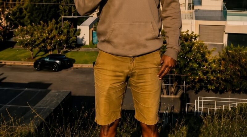 Man in a hoodie and shorts making a peace sign with the Sydney Harbour Bridge and city skyline in the background.