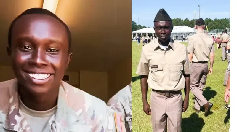 Side-by-side photo of Kenyan immigrant Newton Kipchumba smiling in U.S. Army camouflage fatigues and standing outdoors in a tan service uniform on a military parade ground.