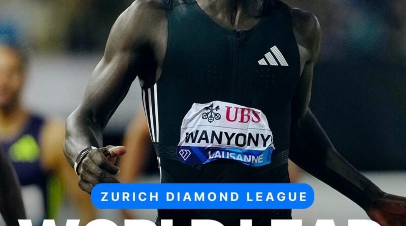 Kenyan runner Emmanuel Wanyonyi competing in a black track singlet with graphic overlay text highlighting his Zurich Diamond League 800m world lead time of 1:41.76.