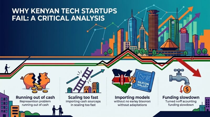 This image is a detailed infographic analyzing why Kenyan tech startups fail. It uses four sections with icons to illustrate the main causes: running out of cash, scaling too fast, importing unsuitable business models, and a global funding slowdown. Each section includes illustrative diagrams and text labels, all set against a visual representation of the Nairobi city skyline.