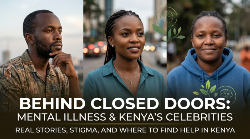A composite banner with three portraits and text overlay: 'BEHIND CLOSED DOORS: MENTAL ILLNESS & KENYA’S CELEBRITIES' and 'REAL STORIES, STIGMA, AND WHERE TO FIND HELP IN KENYA'. Set against urban backgrounds.