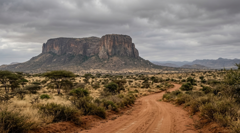 A wide, somber landscape view of Mount Ololokwe's towering sandstone cliff face rising above the dry Samburu savanna in northern Kenya under a hazy morning sky.