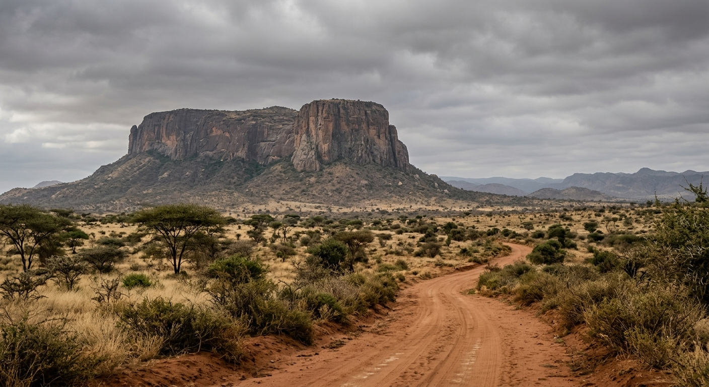 A wide, somber landscape view of Mount Ololokwe's towering sandstone cliff face rising above the dry Samburu savanna in northern Kenya under a hazy morning sky.