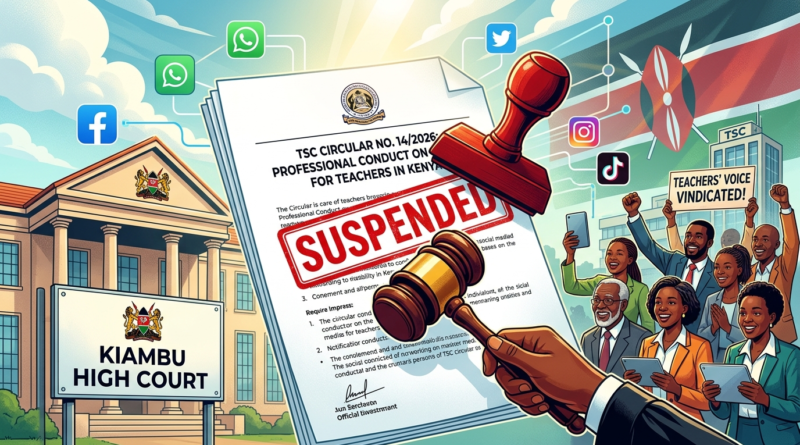 A dynamic digital illustration depicting the suspension of a TSC circular. On the left is the Kiambu High Court with a Kenyan coat of arms and sign. In the center, a large red rubber stamp marks a document as "SUSPENDED" over the text "TSC CIRCULAR NO. 14/2026: PROFESSIONAL CONDUCT ON SOCIAL MEDIA FOR TEACHERS IN KENYA". A hand holding a gavel is below. On the right, a joyful group of Black teachers celebrates, holding smartphones and a sign that reads "TEACHERS' VOICE VINDICATED!". The background shows the Kenyan flag and floating social media icons (Facebook, WhatsApp, Twitter, Instagram, TikTok) on a digital network.