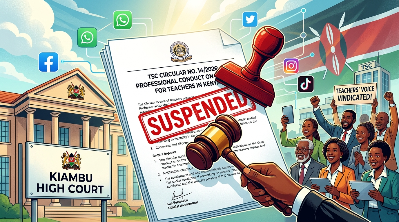 A dynamic digital illustration depicting the suspension of a TSC circular. On the left is the Kiambu High Court with a Kenyan coat of arms and sign. In the center, a large red rubber stamp marks a document as "SUSPENDED" over the text "TSC CIRCULAR NO. 14/2026: PROFESSIONAL CONDUCT ON SOCIAL MEDIA FOR TEACHERS IN KENYA". A hand holding a gavel is below. On the right, a joyful group of Black teachers celebrates, holding smartphones and a sign that reads "TEACHERS' VOICE VINDICATED!". The background shows the Kenyan flag and floating social media icons (Facebook, WhatsApp, Twitter, Instagram, TikTok) on a digital network.