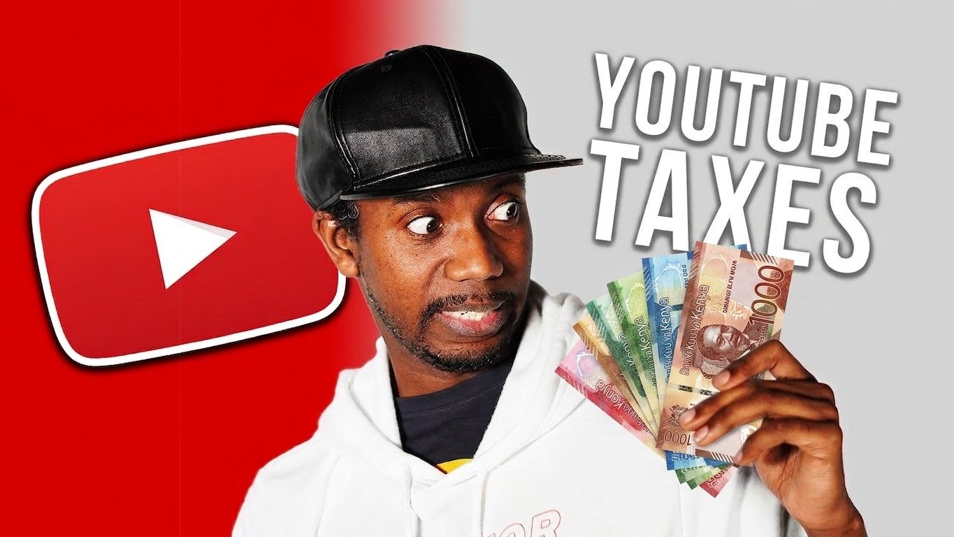 Surprised male content creator holding a fan of Kenyan Shilling banknotes next to a YouTube logo and bold YouTube Taxes text.