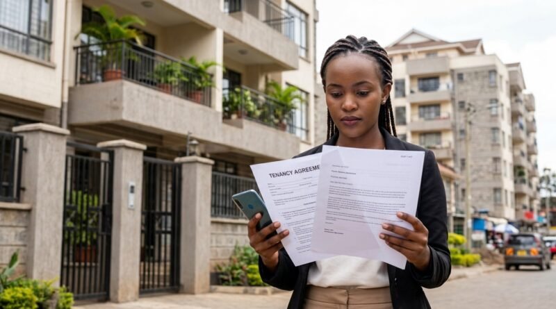 A medium shot of a young Black woman with braided hair, dressed in a business-casual style, standing outdoors in front of apartment buildings. She is intently reading a document labeled "TENANCY AGREEMENT" and holding a smartphone in her other hand.