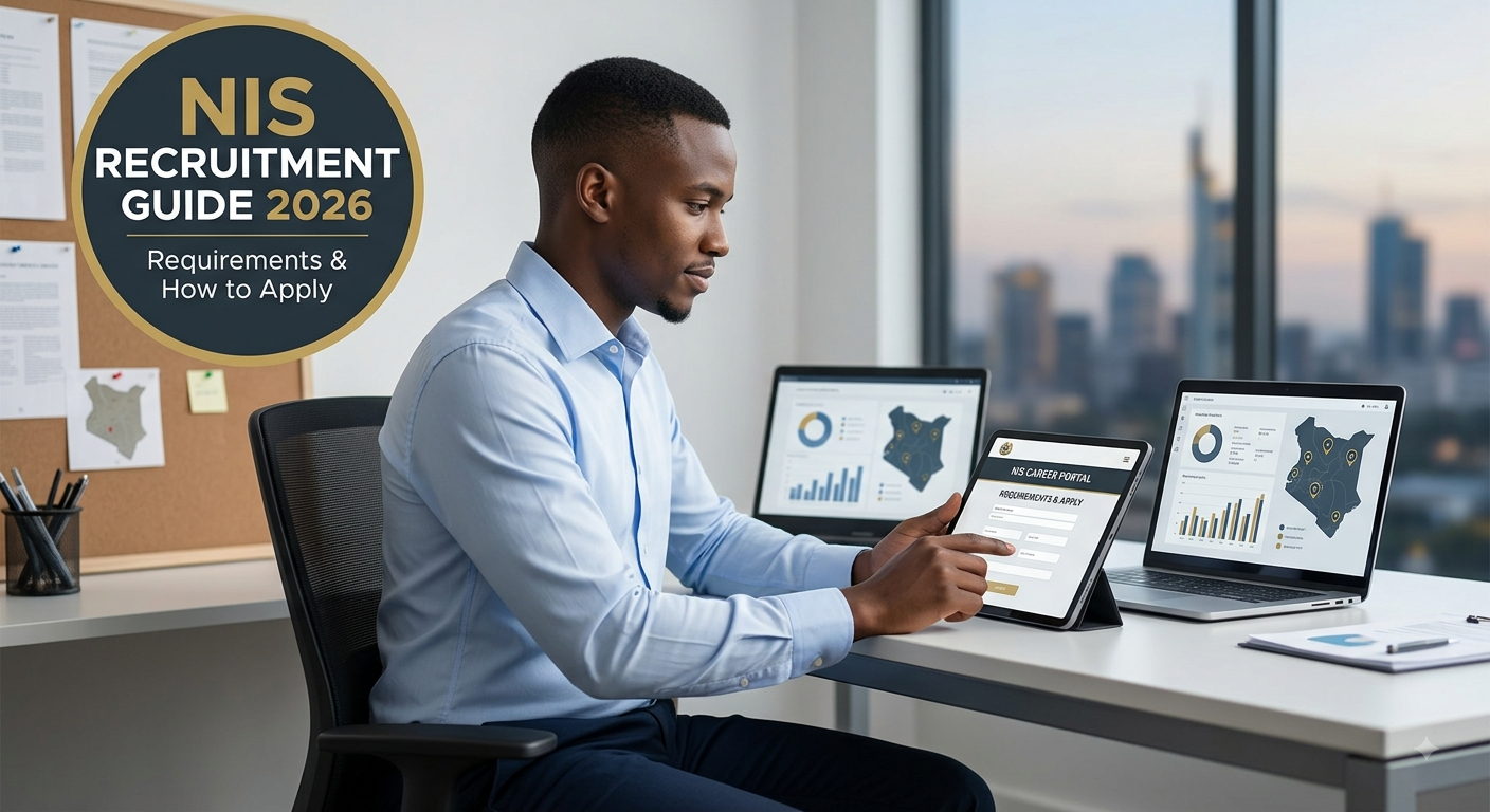 A professional man sits at a desk using a stylus on a tablet that displays "NIS CAREER PORTAL" and "REQUIREMENTS & APPLY". Next to him is a laptop showing analytical maps, and a map of Kenya is pinned to a wall corkboard. In the top left corner, a prominent circular badge reads: "NIS RECRUITMENT GUIDE 2026 - Requirements & How to Apply".