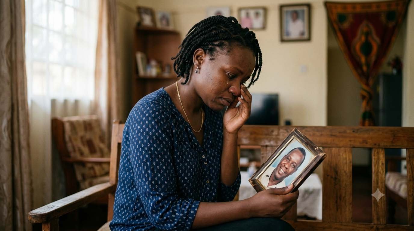 A grieving African woman with braided hair sits on a wooden bench, wiping away tears while holding a framed photograph of a smiling elderly man. She looks down at the photo in sorrow. The interior of a home is visible in the background.