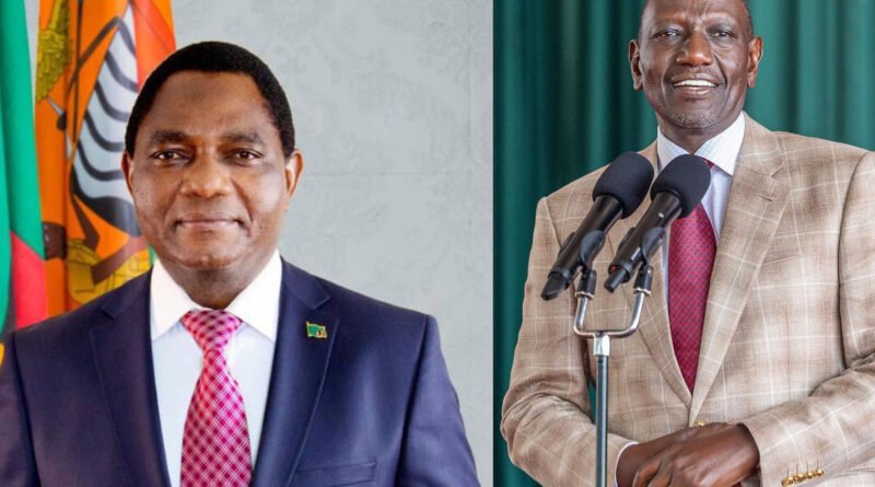 A split portrait featuring President Hakainde Hichilema of Zambia on the left and President William Ruto of Kenya on the right.