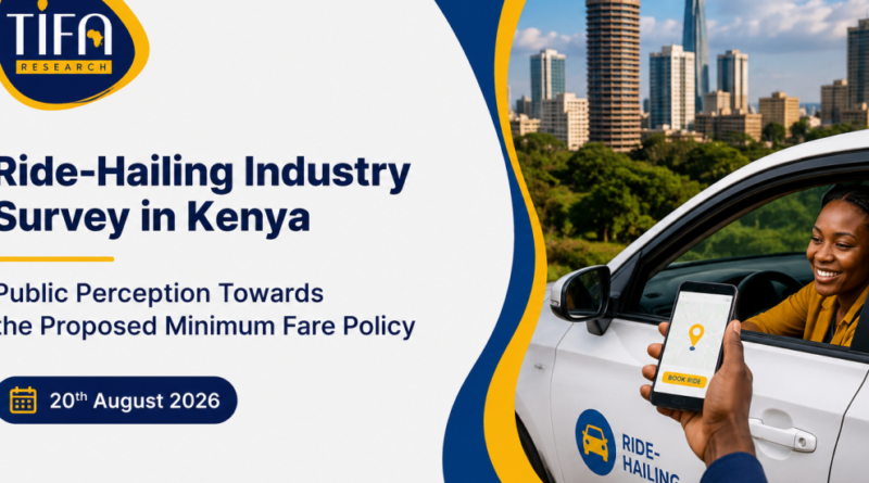 TIFA Research banner titled Ride-Hailing Industry Survey in Kenya showing a passenger in a car with the Nairobi skyline in the background.