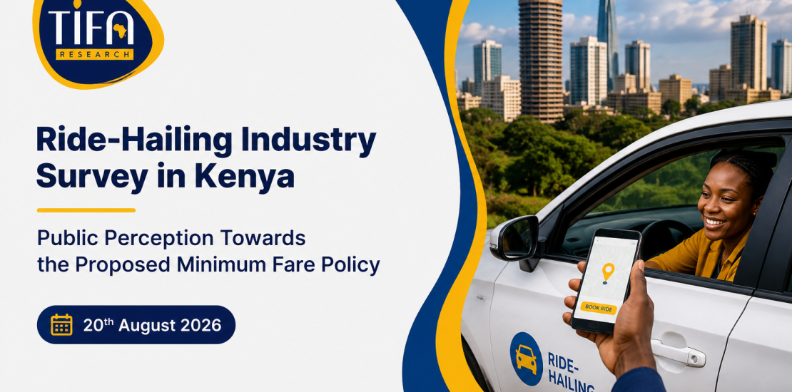 TIFA Research banner titled Ride-Hailing Industry Survey in Kenya showing a passenger in a car with the Nairobi skyline in the background.