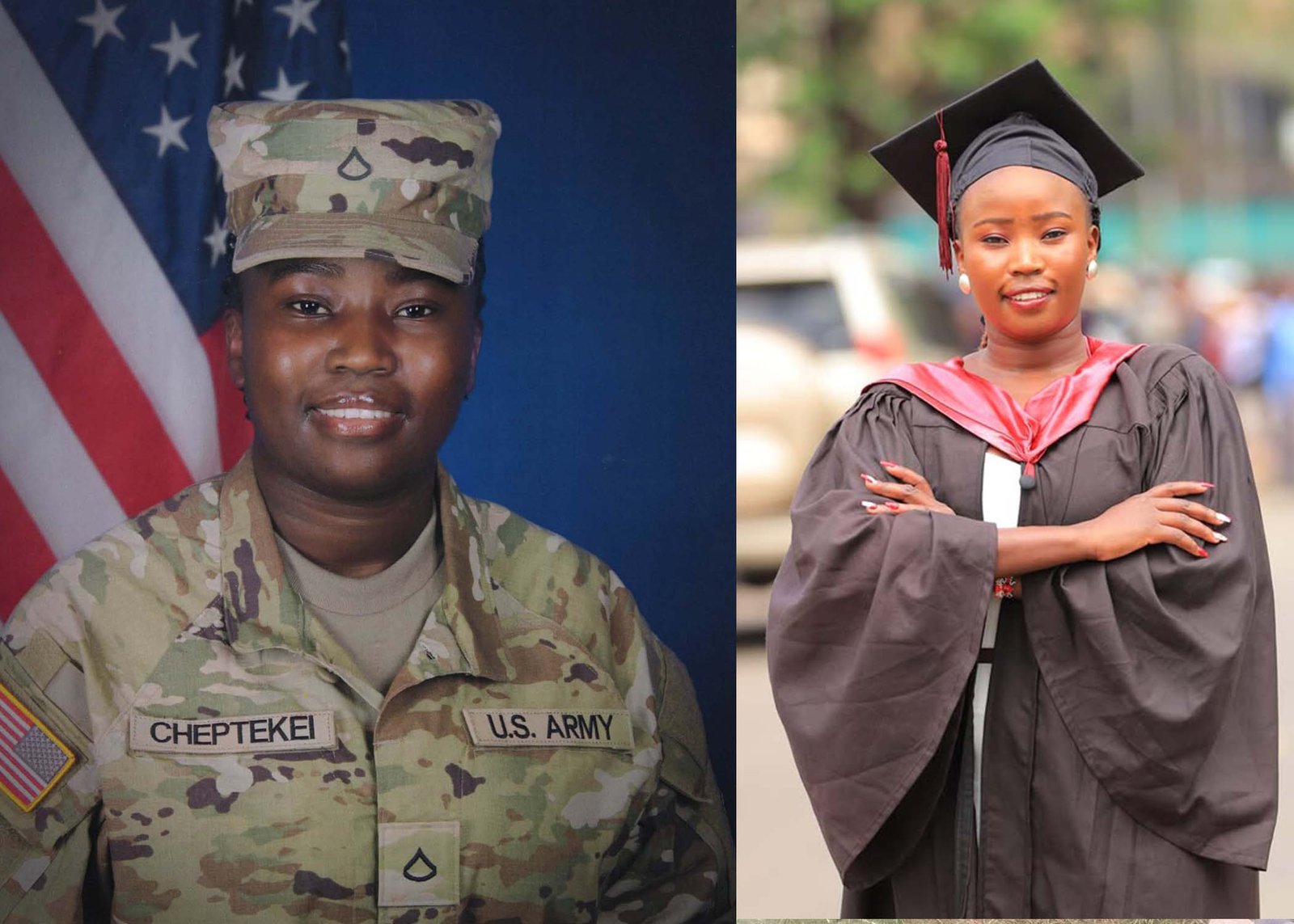 Side-by-side comparison photo of Mellon Laibich in a U.S. Army camouflage uniform in front of an American flag (left) and smiling in her university graduation gown and mortarboard cap (right).