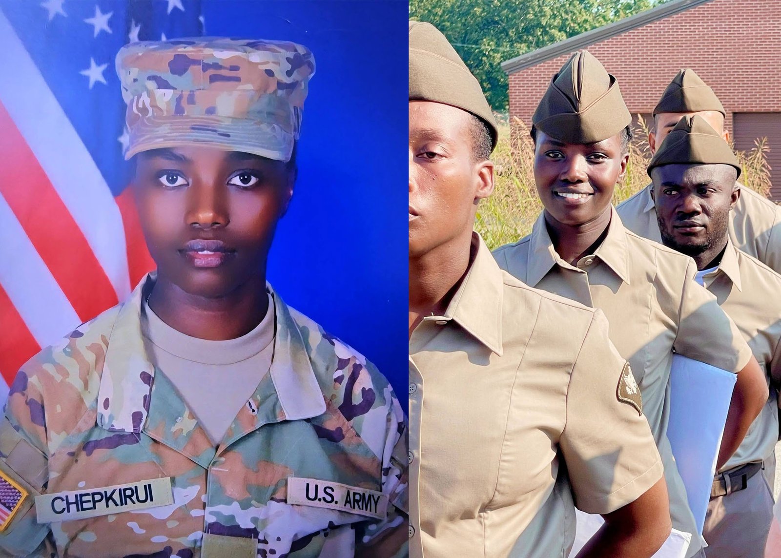 Split photo showing a female U.S. Army soldier named Chepkirui in camouflage uniform in front of an American flag on the left, and smiling in a tan military service uniform standing in formation with fellow recruits on the right.