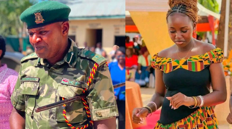 Side-by-side photo of Kenya Prisons Service SSP Alex Kazungu Mbitha in official uniform on the left, and a young woman wearing a black dress with African print trim on the right.