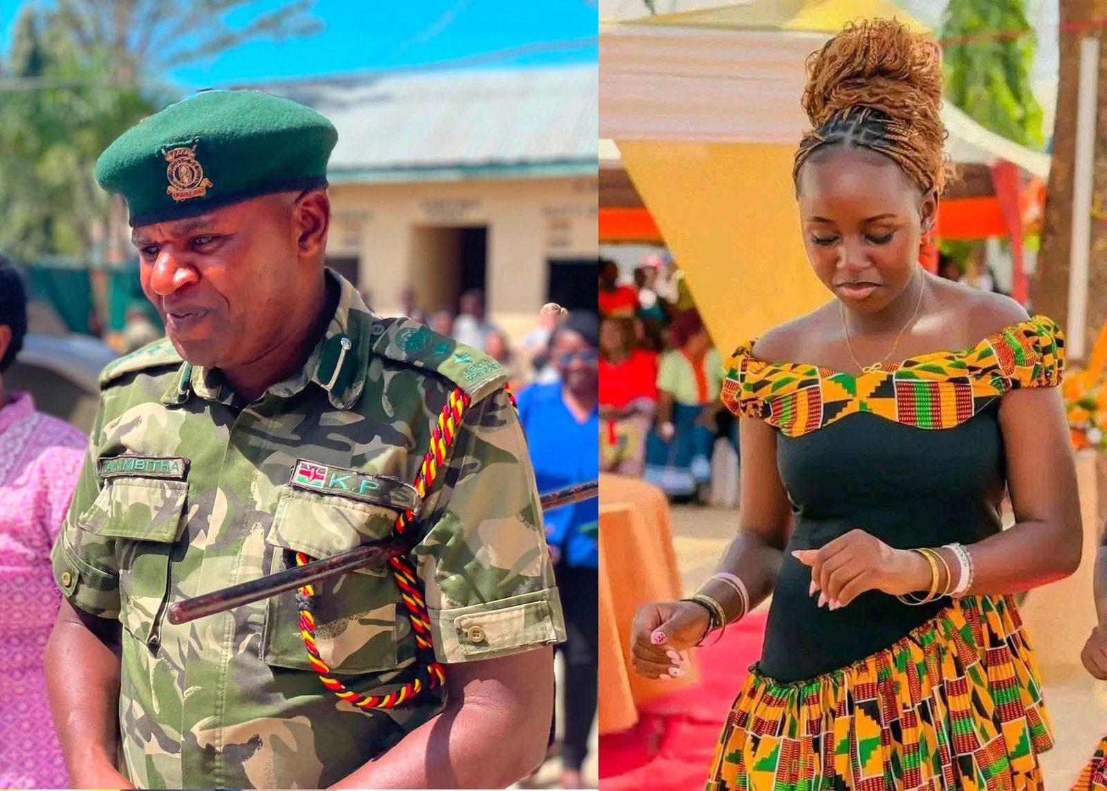 Side-by-side photo of Kenya Prisons Service SSP Alex Kazungu Mbitha in official uniform on the left, and a young woman wearing a black dress with African print trim on the right.