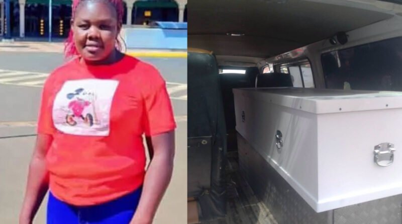 Split image showing Sarah, a Kenyan woman in a red t-shirt on the left, and a white casket inside a transport vehicle on the right during her repatriation from Qatar.