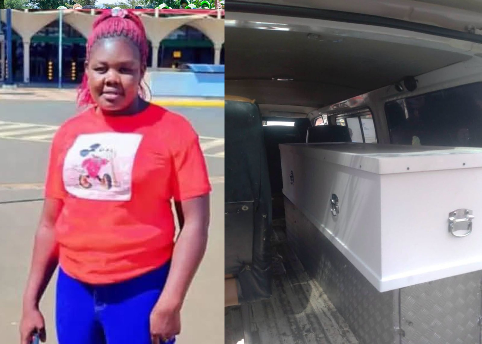 Split image showing Sarah, a Kenyan woman in a red t-shirt on the left, and a white casket inside a transport vehicle on the right during her repatriation from Qatar.