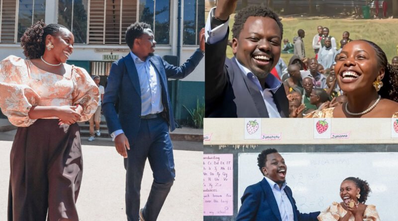 A three-photo collage of George Ruto visiting Teacher Cillah at Westlands Primary School, showing them walking together outdoors, taking a selfie with smiling pupils, and laughing inside a classroom.