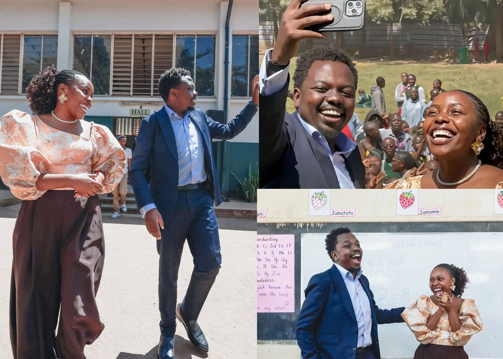 A three-photo collage of George Ruto visiting Teacher Cillah at Westlands Primary School, showing them walking together outdoors, taking a selfie with smiling pupils, and laughing inside a classroom.